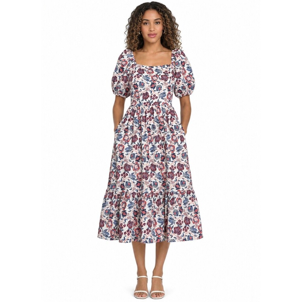 Falling Flowers Dress Womens L Floral Cottagecore Puff Sleeve Smocked Pockets